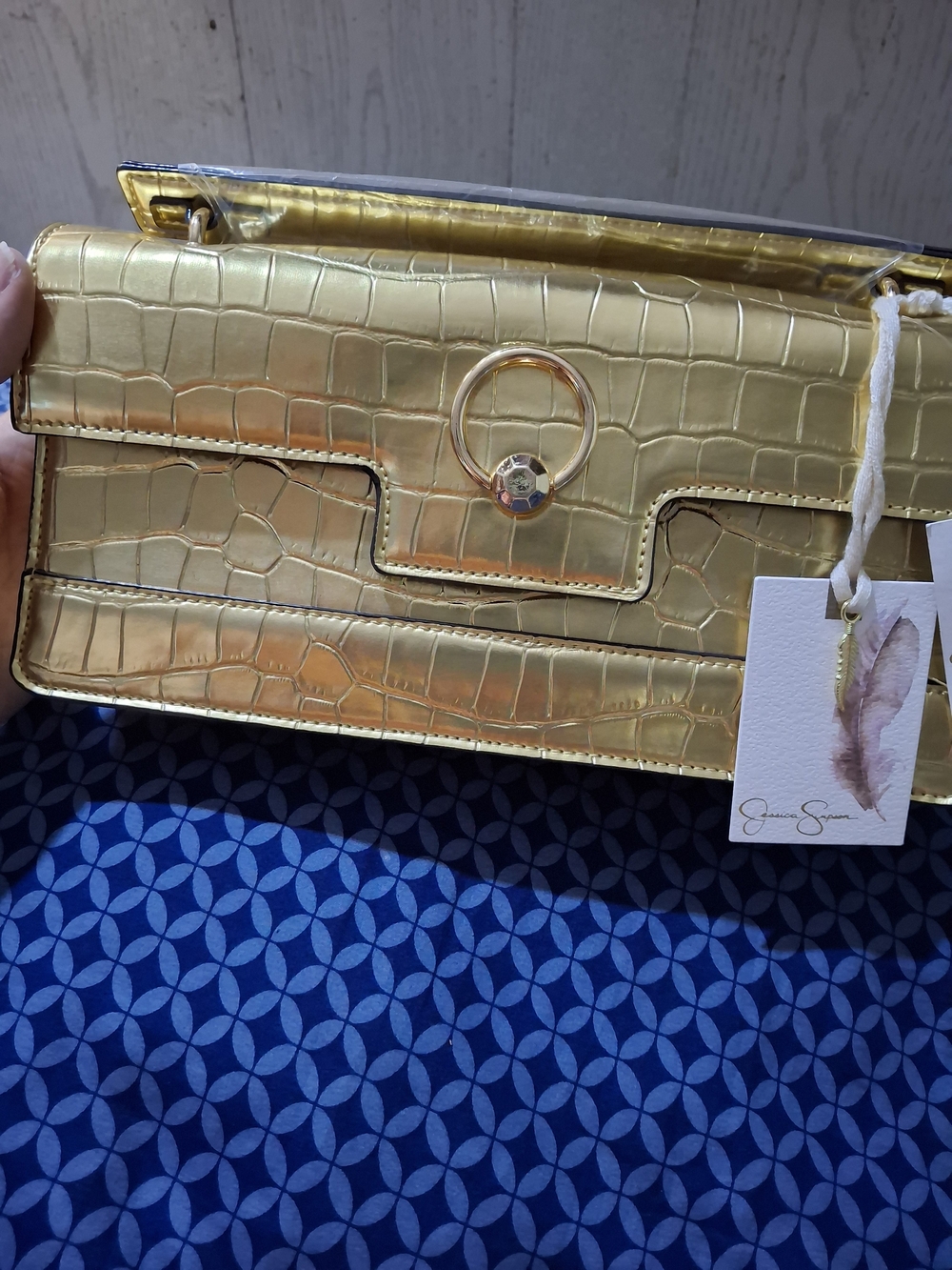 Jessica Simpson Gold Croc-Embossed Clutch Bag/Crossbody with Ring Accent